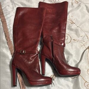 Red Heeled Boots with High Thick Heel and Smooth Leather Finish